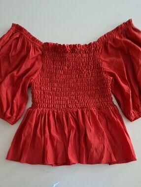 Flying Tomato Deep Red Smocked Off-the-Shoulder Peplum Puff Sleeve Top (Size 1X)